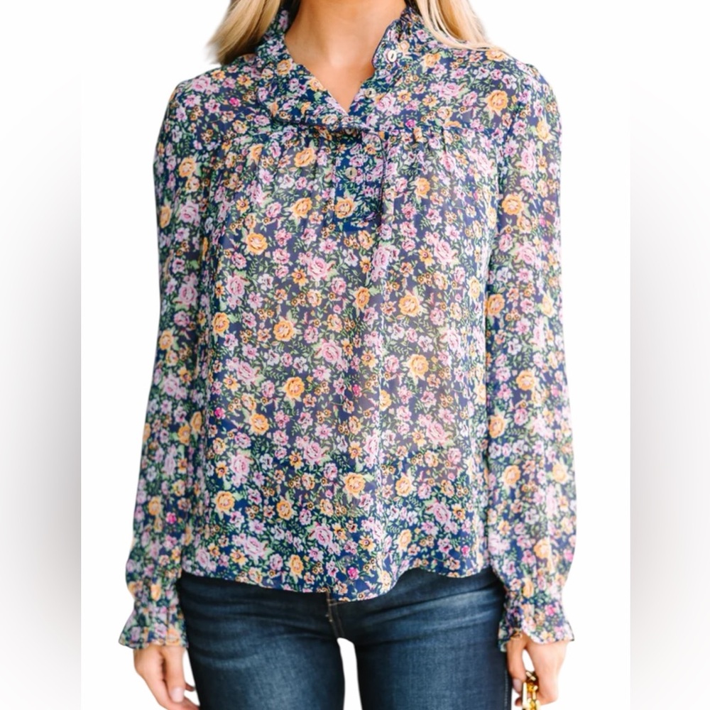 Listicle Navy Blue with Ditsy Floral Long Sleeve Blouse M